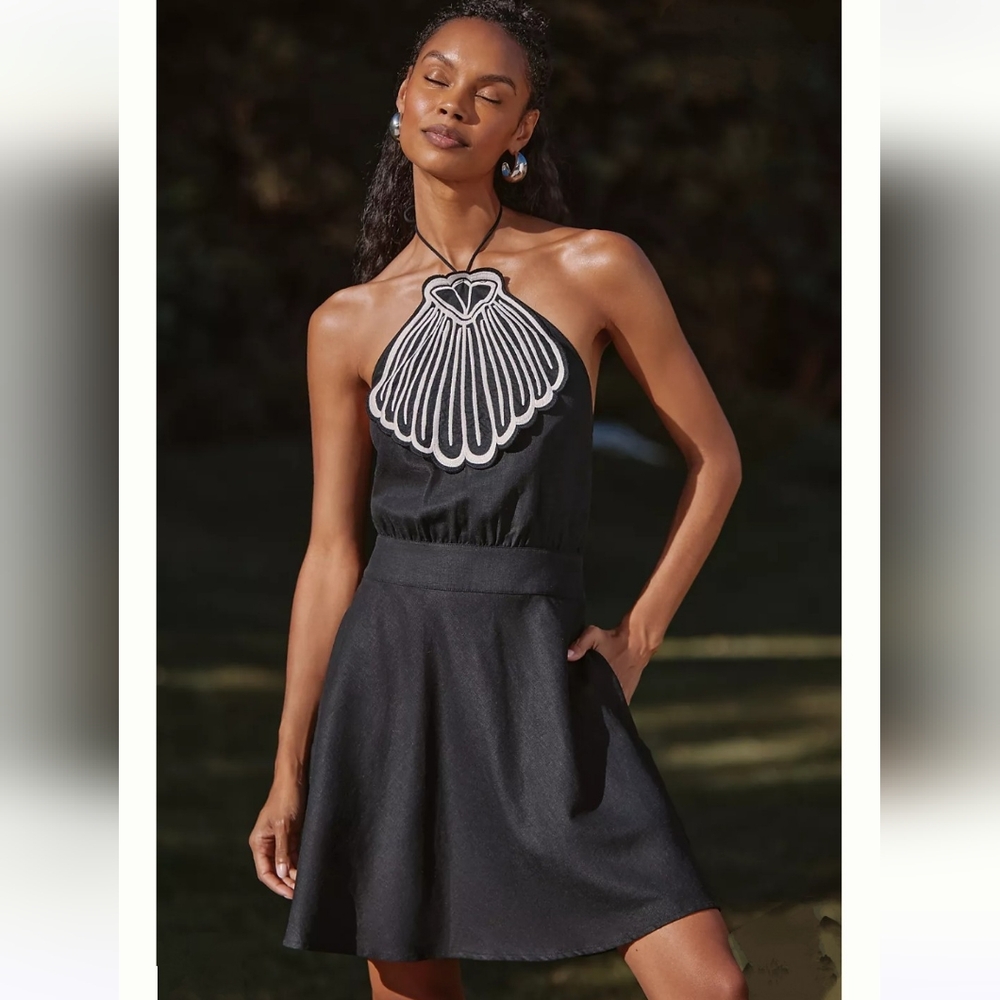 FARM RIO x Anthropologie Shell Front Black White Linen Halter Dress NWT Large